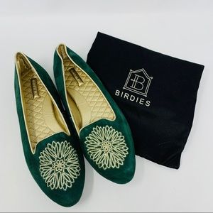 Birdies Green and Gold Embroidered Flats